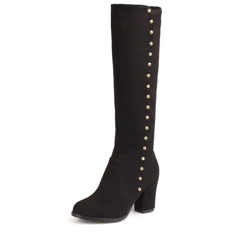 ORCHA LISA/теплая обувь на меху высокого качества; женские сапоги до колена на молнии с заклепками; черные зимние сапоги; Botas Mujer; большие размеры 32-48; QH3275