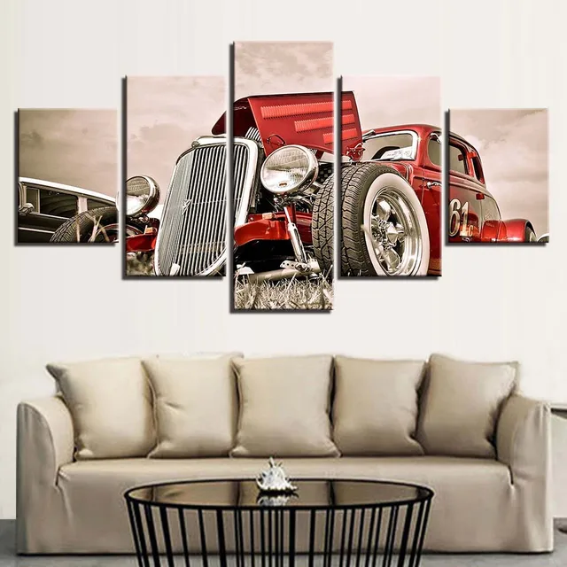 Canvas Wall Art Pictures Home Decor 5 Pieces Hot Rod Red Front View Canvas Wall Art Pictures Home Decor 5 Pieces Hot Rod Red Front View Wheels Paintings Living Room Hd Prints Car Poster Framework