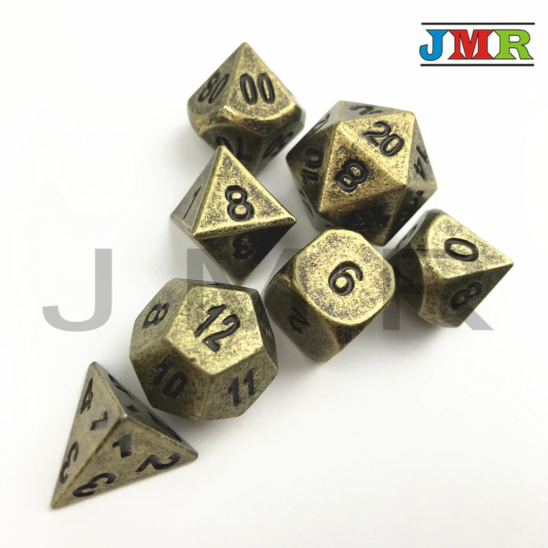 Топ Quality7pcs-dies Dados металла для Rpg, набор D4 D8 D10 D10 % D12 D20 Подземелья и Драконы металлический куб с железной коробка для платы игры