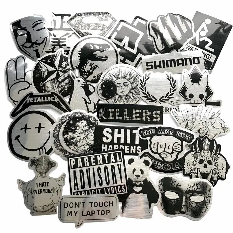 50pcs/Lot Cool Fake Metal Silver Brand Graffiti Stickers Scrapbooking