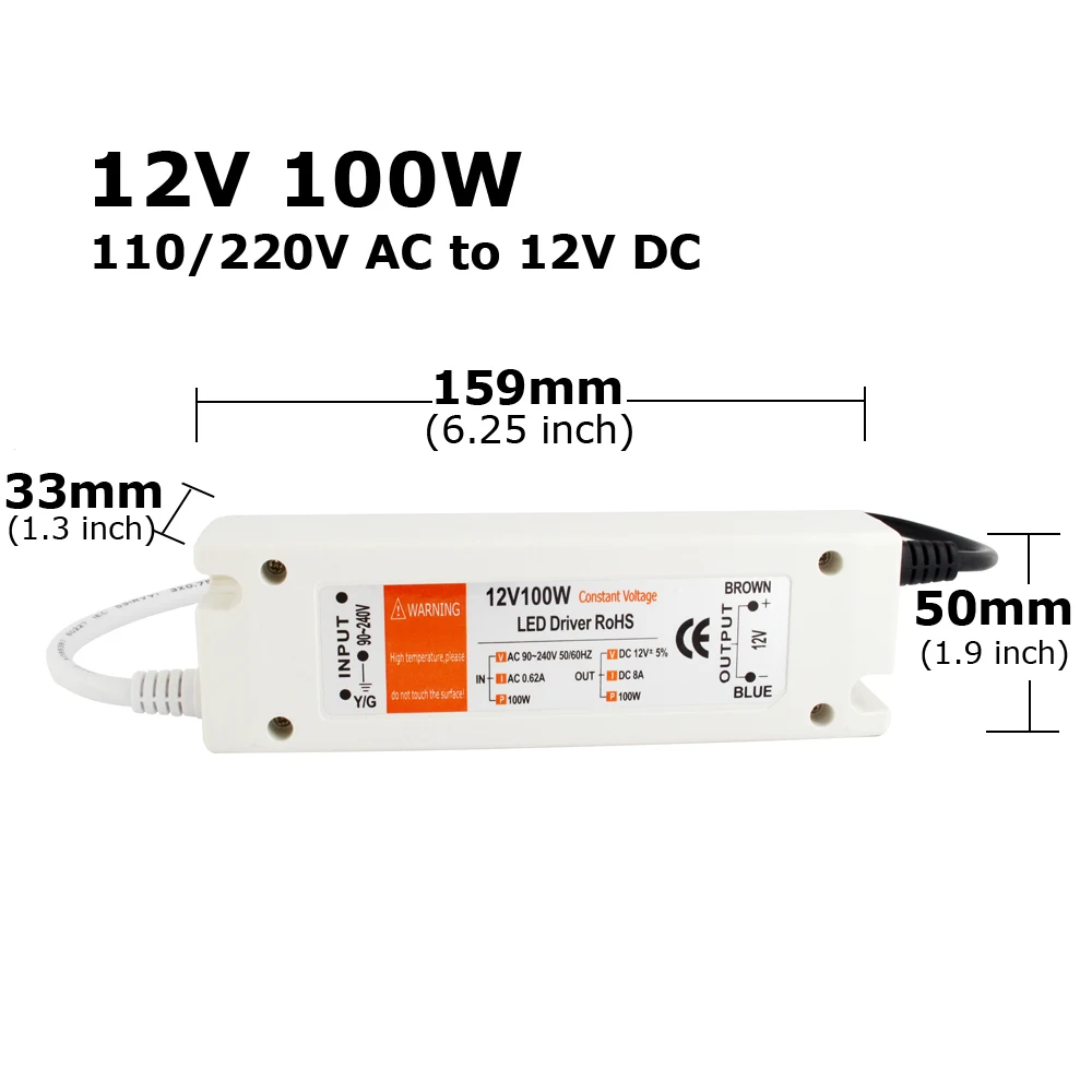 Universal 12V LED Driver Power Supply for LED Strip Lighting - 18W to 100W