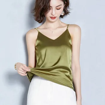 

2019 Summer Silk Sleeveless Satin Camis Tops Women Casual V neck Bright Satin Soft Camisole Sexy Lady Body Camis Inner Silk Tops