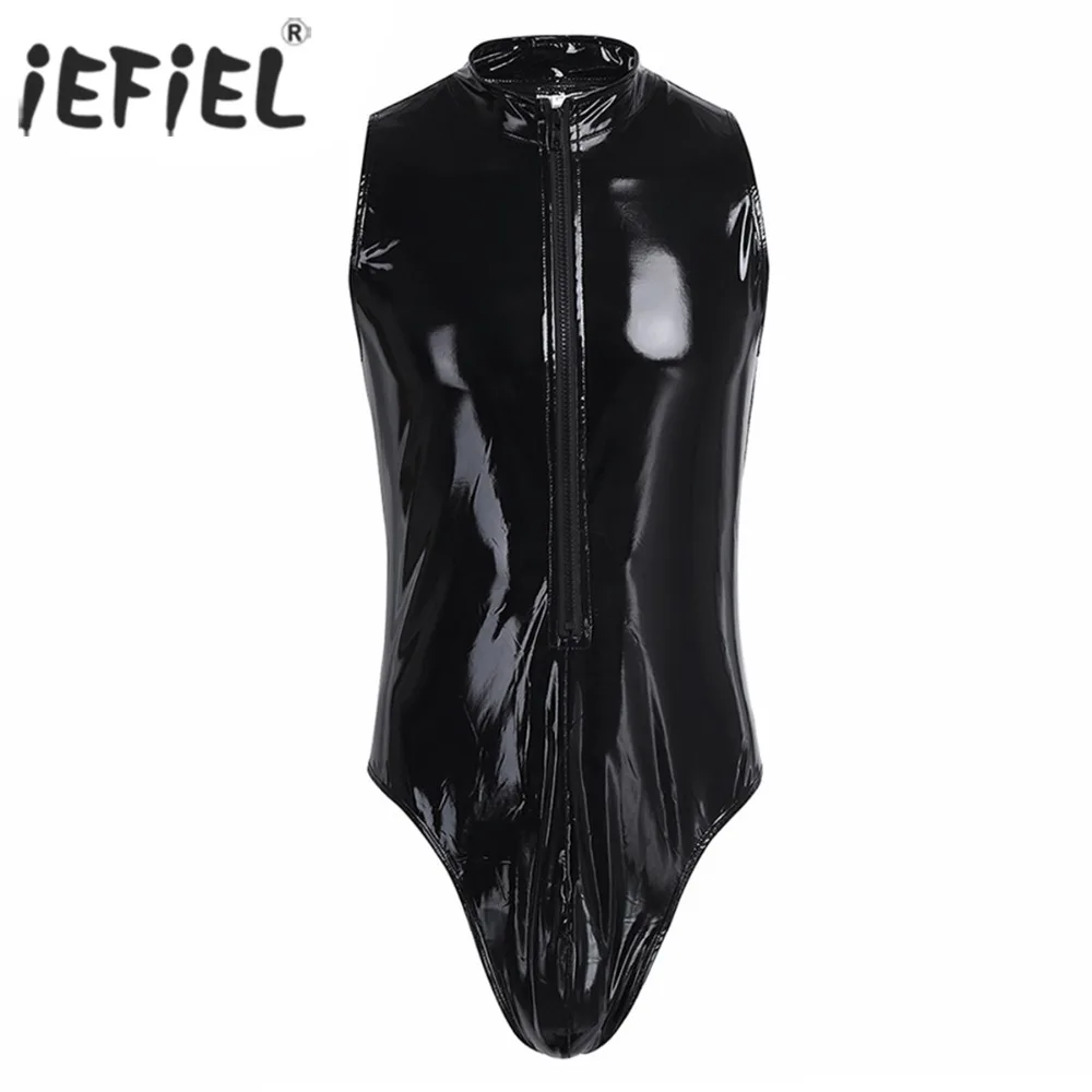 

iEFiEL Sexy Men Lingerie Bodycon Bodystocking Patent Leather One-piece Wetlook Clubwear Zippered Leotard Bodysuit Jumpsuit