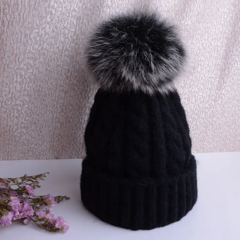 winter hat female winter cap hat with pompon knitted caps women beanie female hats for women pom pom hat - Цвет: black