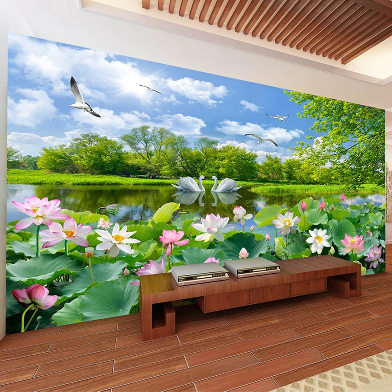 

Chinese Style Photo Wallpaper 3D Swan Lake Lotus Pond Mural Living Room TV Sofa Background Decor Wall Painting Papel De Parede