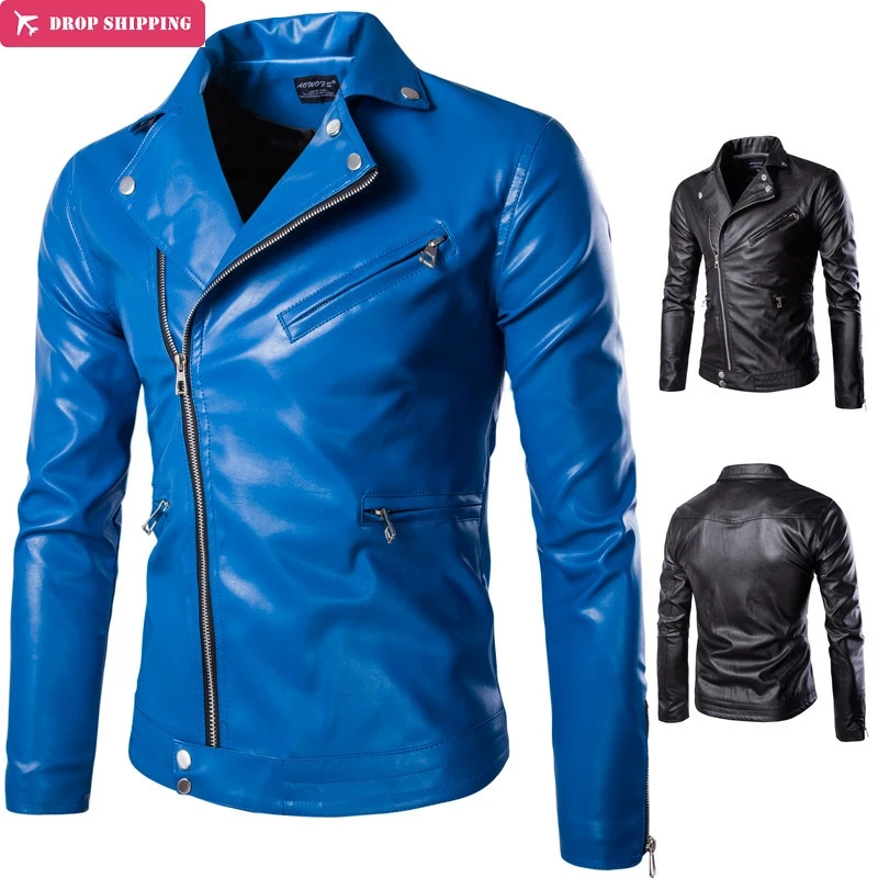 Drop Shipping, punk style simple PU leather jackets men blue casual Oblique zipper locomotive leather jacket for men