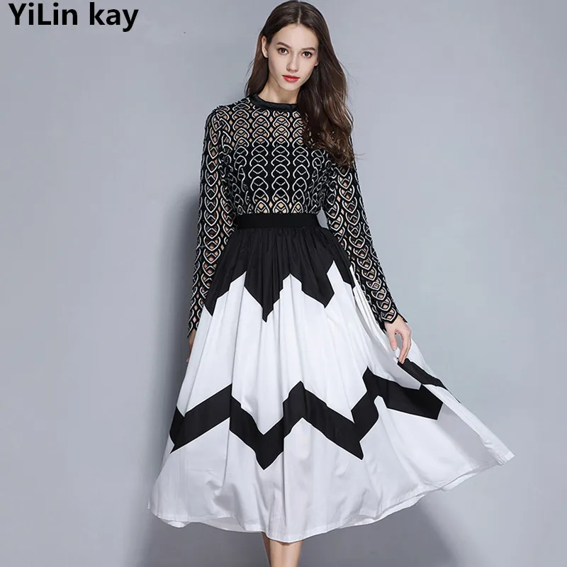 

YiLin kay 2019 High-end custom Self Portrait Dress Black White Patchwork Hollow Out Embroidery Lace Dress