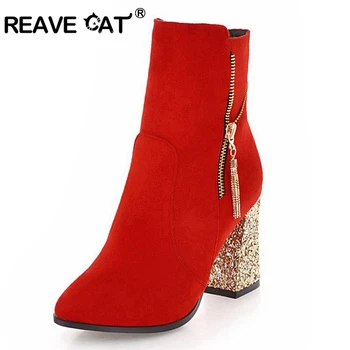 

REAVE CAT 2018 New Autumn shoes women ankle boots Women's boots Pointed toe Flock Zipper Botas Female Myjer A1248