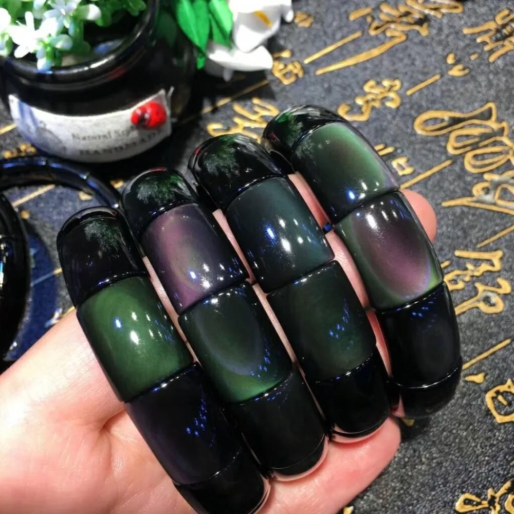 

Top Natural Black Obsidian Flash Woman Man Healing Rectangle Beads Only One Bracelets Bangle 20x14mm AAAAA Drop Shipping