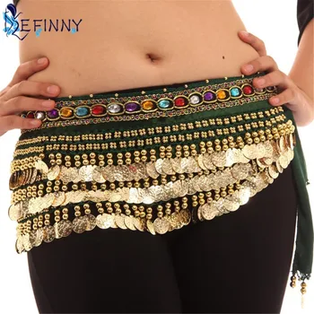

2017 Sexy Women New Dancing Hip Scarf Wrap Costumes Golden 248 Coins Belt Velvet