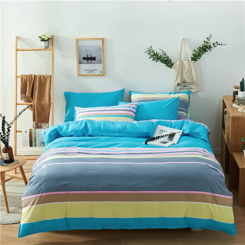 100 Cotton Rainbow Stripe Bedding Set Cartoon Modern Flower