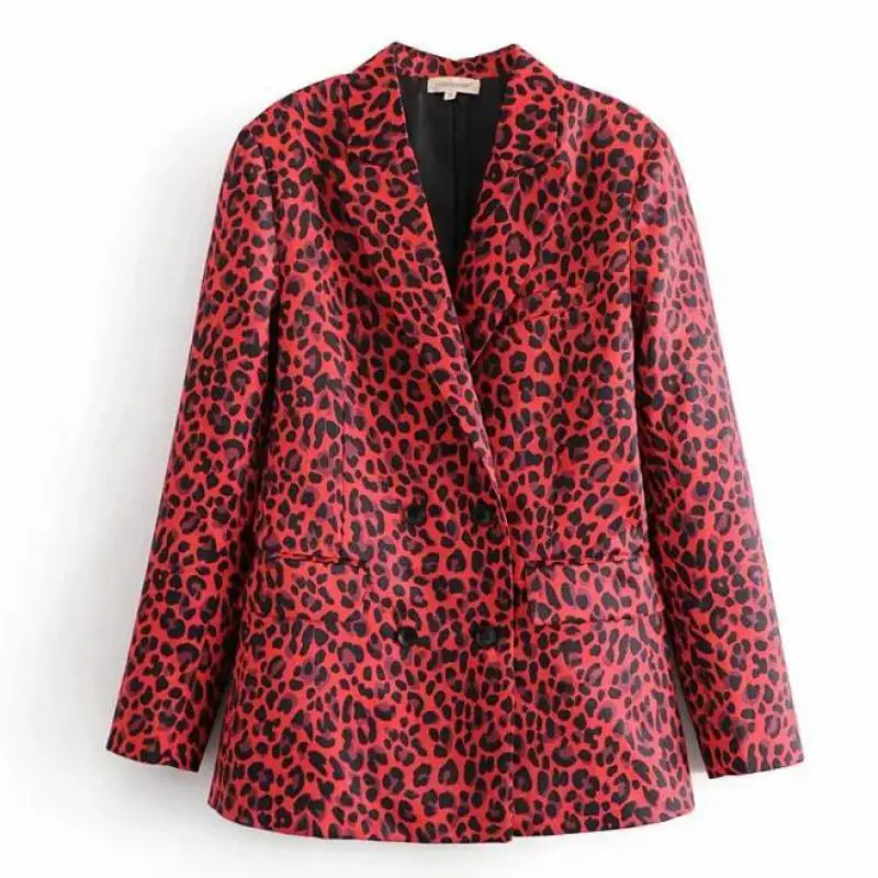 Для женщин Chic красный Леопардовый Блейзер животного пальто с узорами карманов верхняя одежда с длинными рукавами Винтаж женский