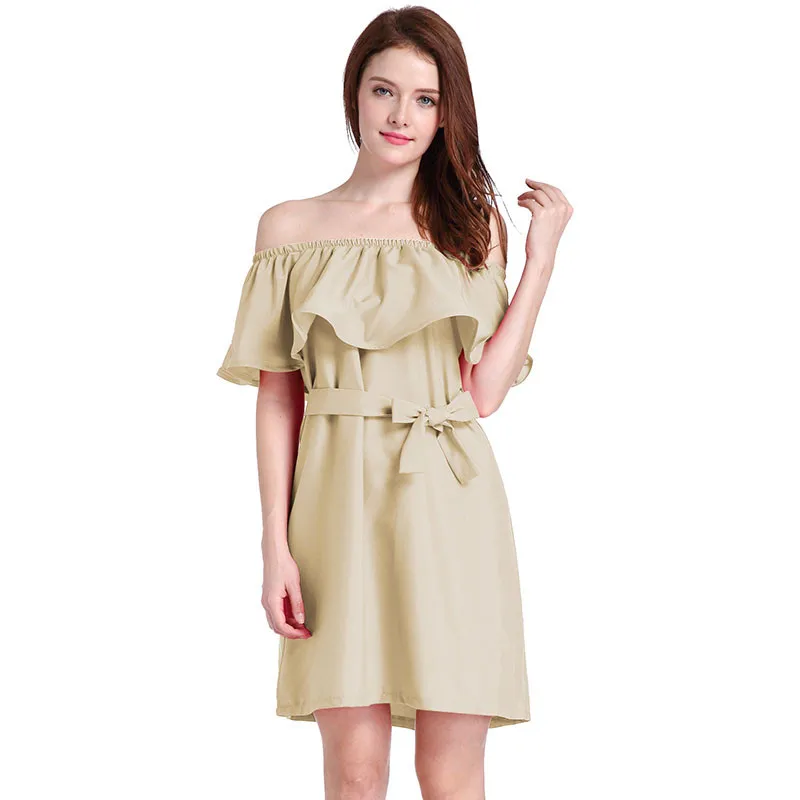 Ahamgen Ruffles Slash Neck Women Dress Summer Style Off Shoulder Sexy Dresses Vestidos White Tube Beach Dress Cotton15