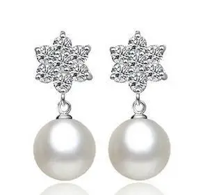 

2016 New arrival fashion Imitation shell pearl shiny zircon stone 925 sterling silver flower ladies stud earrings jewelry gift