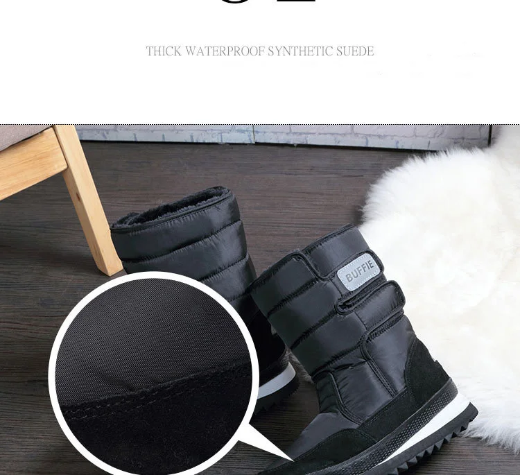 OUKAHUI Unisex 36-47 Plus Size Snow Boots Men Winter Shoes Waterproof Non-Slip Solid Color Black Thicken Warm Mid-Calf Boots