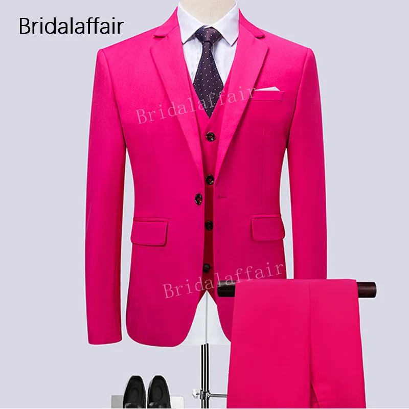 KUSON мужские костюмы для свадьбы, выпускного, смокинги для жениха, официальный однотонный ярко-розовый мужской костюм, комплект из 3 предметов, мужские костюмы(пиджак+ брюки+ жилет - Цвет: Розовый