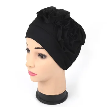 

Indian Headscarf Hat Double Outer Disc Flower Muslim Dress Pure Color Folded Hat Hijab Caps Scarf