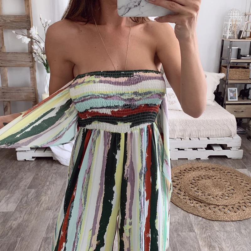 Sexy Women Rainbow Colorful Print Sleeveless Casual Bandeau Lace Up Wide Leg Jumpsuit Hot Summer Beach Holiday Boho Jumpsuit Sexy Women Rainbow Colorful Print Sleeveless Casual Bandeau Lace Up Wide Leg Jumpsuit Hot Summer Beach Holiday Boho Jumpsuit
