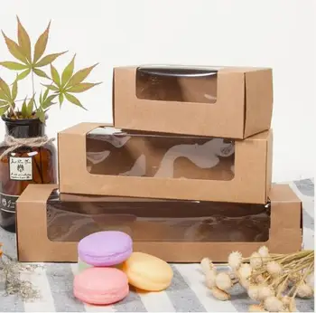 

20pcs kraft paper pvc plastic window Macarons box, Kraft paper gift cookies cake packaging box,rectangle biscuits pastry box