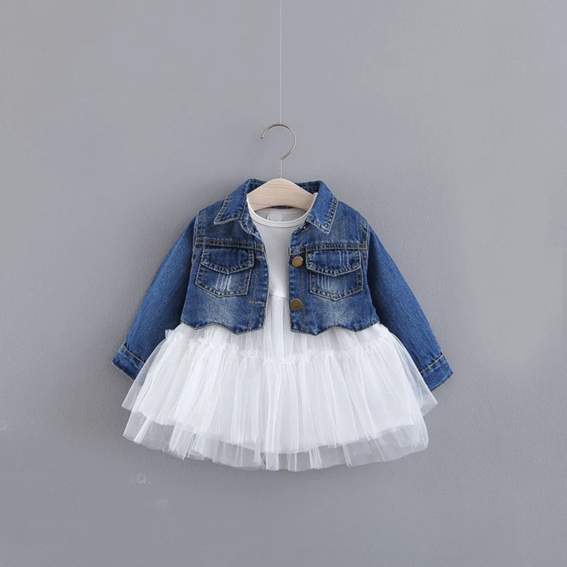 Коллекция года, осенний комплект одежды для маленьких девочек, бальное платье с длинными рукавами+ джинсовые пальто верхняя одежда из 2 предметов, наряды принцессы для младенцев, S9272