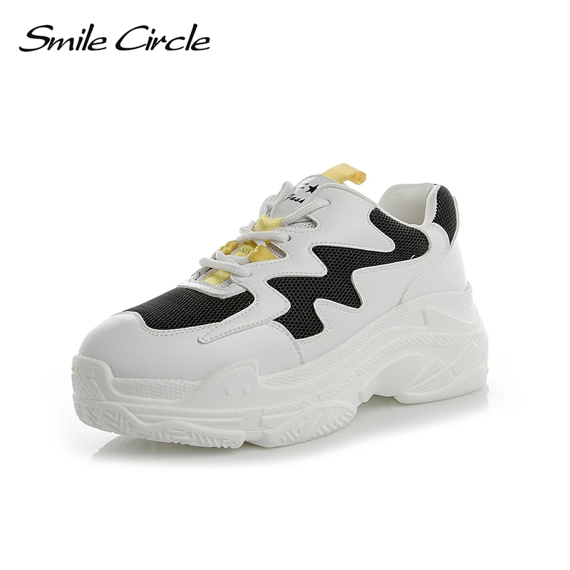 

Smile Circle 2019 Spring Women Shoes Genuine Leather Sneakers For Women Fashion Lace-up Flat Platform Shoes White Sneakers