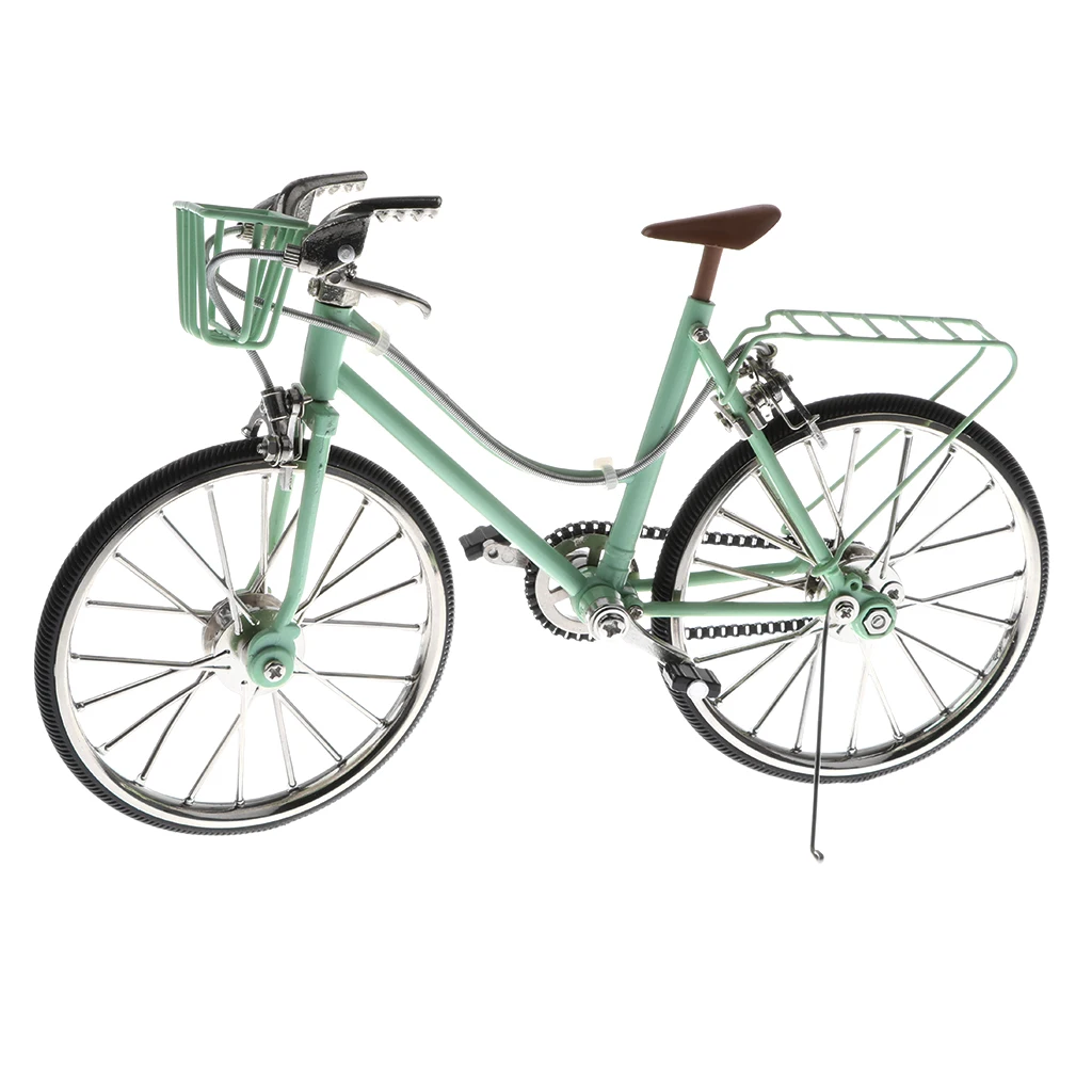 1/10 Mini Green Bike Alloy Diecast Models Bicycle with Basket & Seat Replica Toy