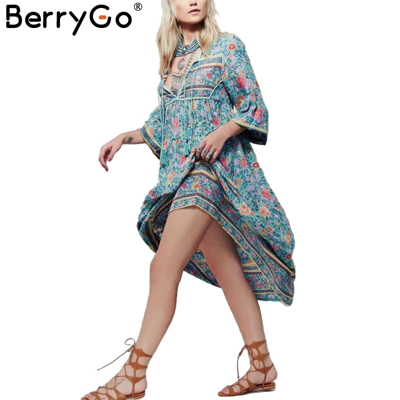 Berrygo Boho печати на шнуровке длинное платье кисточкой галстук Latern рукавом