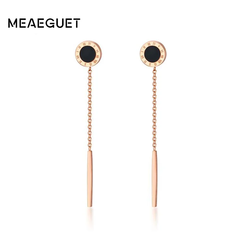 

Meaeguet Roman Number Enamel Long Bar Earring For Women Rose Gold Color Stainless Steel Stick Ear Jewelry