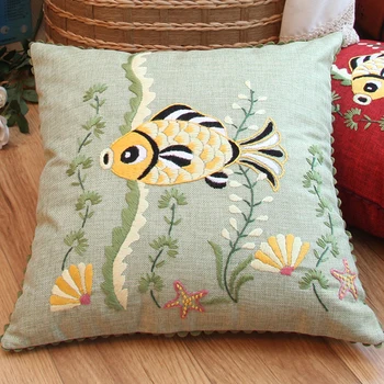 

Cute Fish Flower Embroidery Kits Cushion Hemp Pillow Case Needlework Cross Stitch Kits Handmade Craft Sewing Art Home Decor