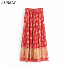 CHBBLF Женская винтажная Цветочная длинная юбка с принтом на завязках женский с эластичной талией красная плиссированная юбка DFJ8235