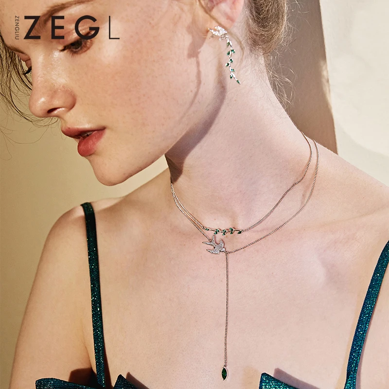 

ZEGL Little Swallow Necklace Double Layer Necklace Layered Bracelet Female Clavicle Chain