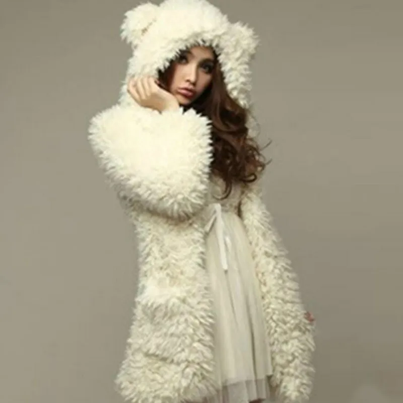 

Cute Women's Warm Leisure wear faux lamb Bear ear plush Hooded Jacket Princess outwear wool Cotton blended long Coat