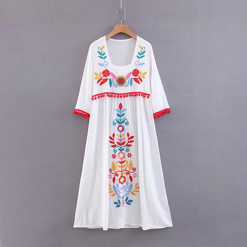 Винтажное шикарное женское пляжное богемное платье с коротким рукавом и цветочной вышивкой, женское платье-миди с квадратным воротником и поясом, богемное платье vestidos