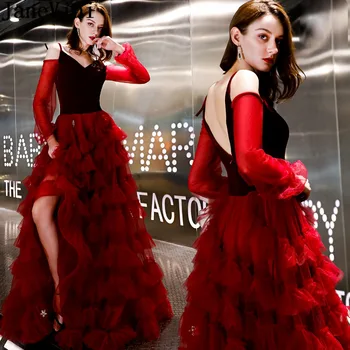 

JaneVini 2019 Ruffles Burgundy Bridesmaid Dress Velvet Tulle Sheer Event Prom Dresses Long Sleeves V-Neck Wedding Guest Dress