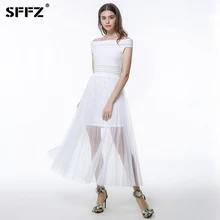 SFFZ 2018 New Spring Women Dresses Solid White Sleeveless Slash Neck Soft High Waist Lace Femme Knitted Dress Casual Clothes