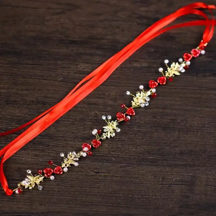 Chinese Hair Accessories Headband For Women Vintage Red Flower Pearl Hairbands Bridal With Earrings Wedding Hanfu Hair Jewelry