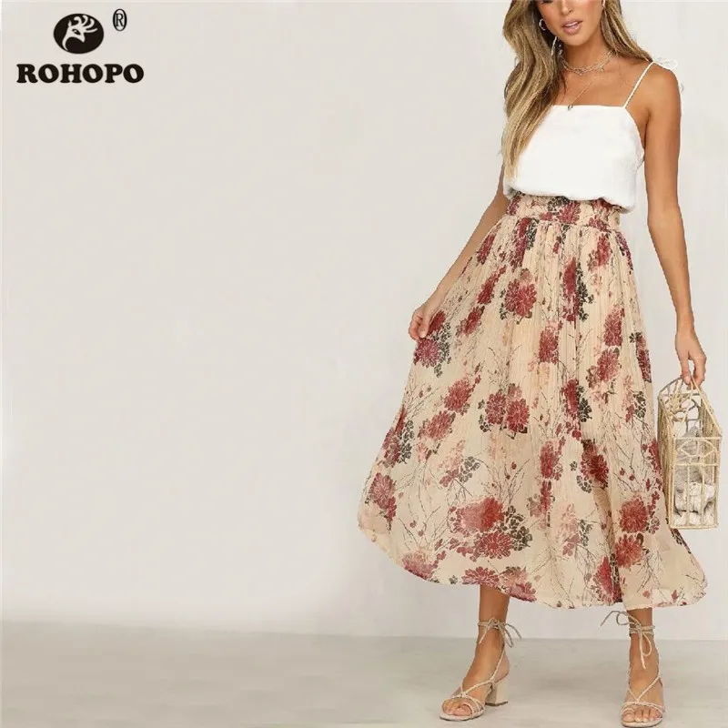 ROHOPO Женская Цветочная многослойная плиссированная миди юбка винтажная Осенняя аккордеон большая расклешенная мягкая Макси Vogue юбка # YY325C