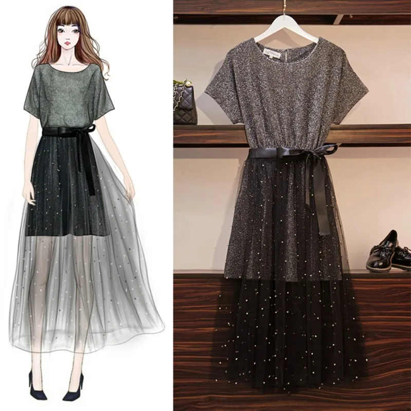 

2019 Fashion Summer Elegant Women Starry Sky 2 Piece Set Dresses Ladies Cotton T Shirt Top + Mesh Femme Dress Set