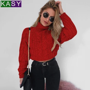 

Autumn winter women red sweaters and pullovers turtleneck casual crop sweater loose solid knitted jumpers knitted sweater mujer