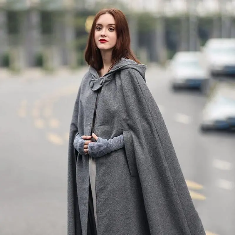 Autumn Casual Poncho Gothic Plus Size Black Women Cape Button Hooded Winter 2019 Female Goth Fashion Capes Street Outerwear Coat