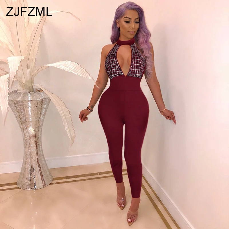 

Hollow Out Sexy Rompers Womens Jumpsuit Sparkly Rhinestones Open Back Club Party Bodysuits Summer Sleeveless Bandage Body Femme