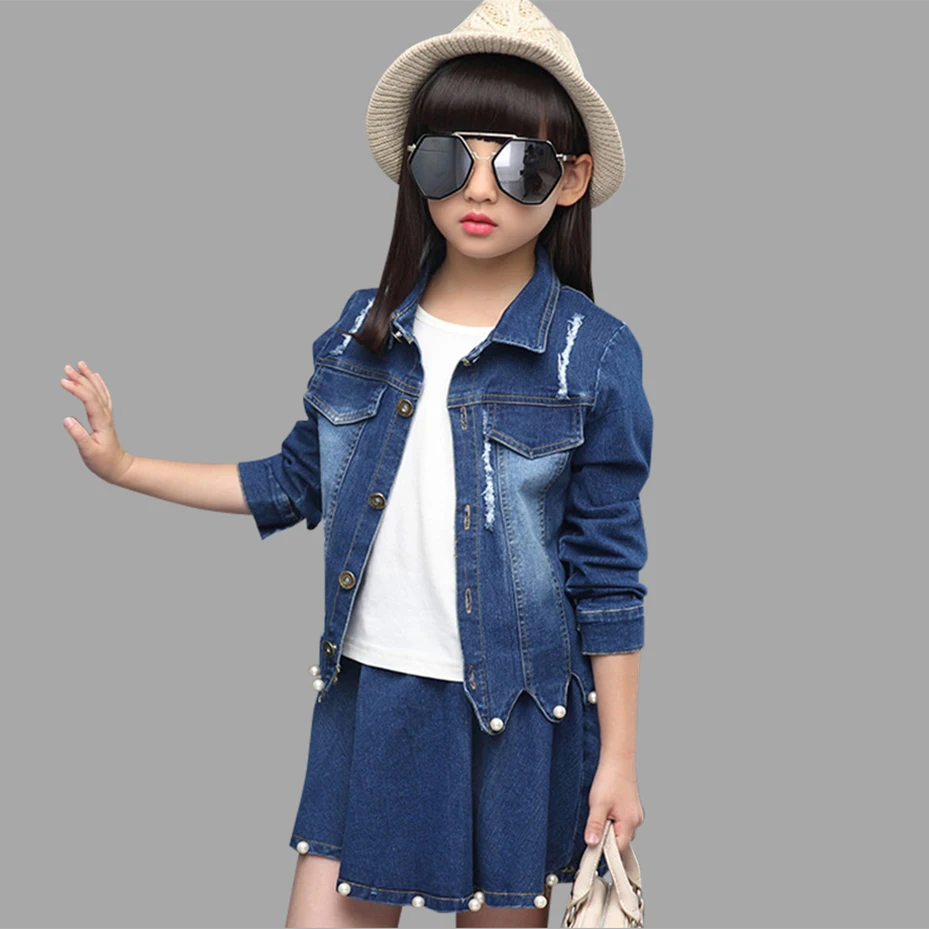 

Girls Autumn Clothes Pearl Long Sleeve Jacket+Skirt 2 Pcs Spring Costume For Girl Teenage Children Clothes For 6 8 10 12 Years