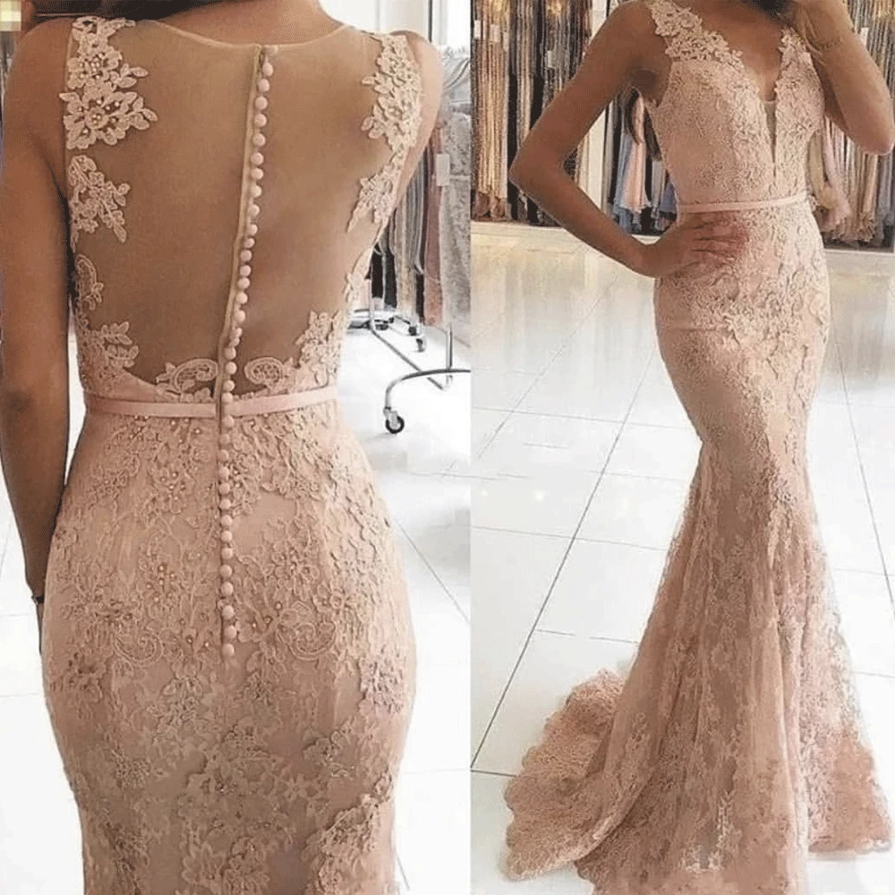 

SuperKimJo Mermaid Evening Dresses Long 2020 Lace Applique Dusty Pink Sleeveless Elegant Evening Gown Vestido Longo Festa
