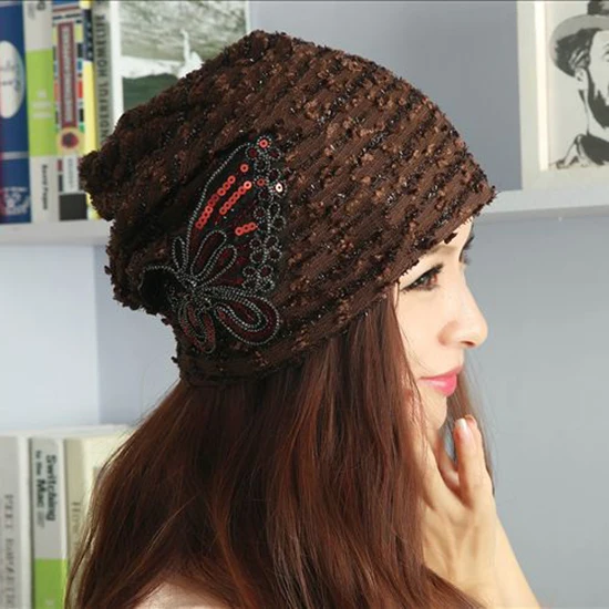 

Winter Hat Lady moon hat Women's Beanie Caps Lace Butterfly Decorate
