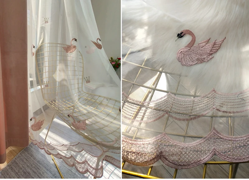 Pink Cute Swan Gauze Bedroom Tulle Balcony Decorative Drapes White Embroidered Curtains Sheer Screens For Living Room MY146-40