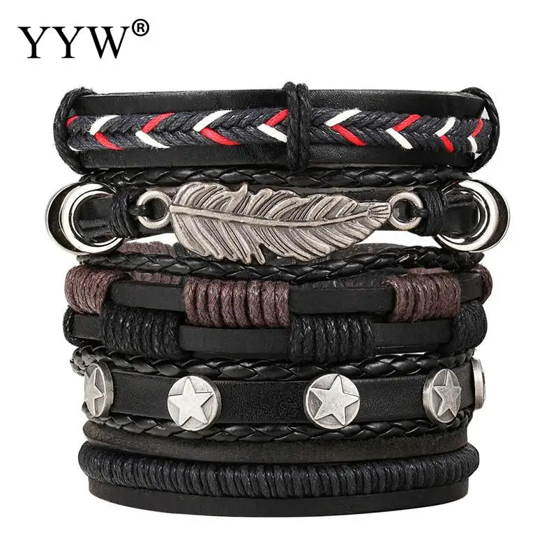 

Vintage Leaf Feather Multilayer Leather Bracelet Men Fashion Braided Handmade Star Rope Wrap Couple Bracelets & Bangle Male Gift