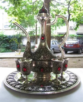 

teapot > Tibetan silver a flagon 4 cups ruby hand-carved flagon teapot/wine cup Goblet & Pallet tools wedding Decoration Brass