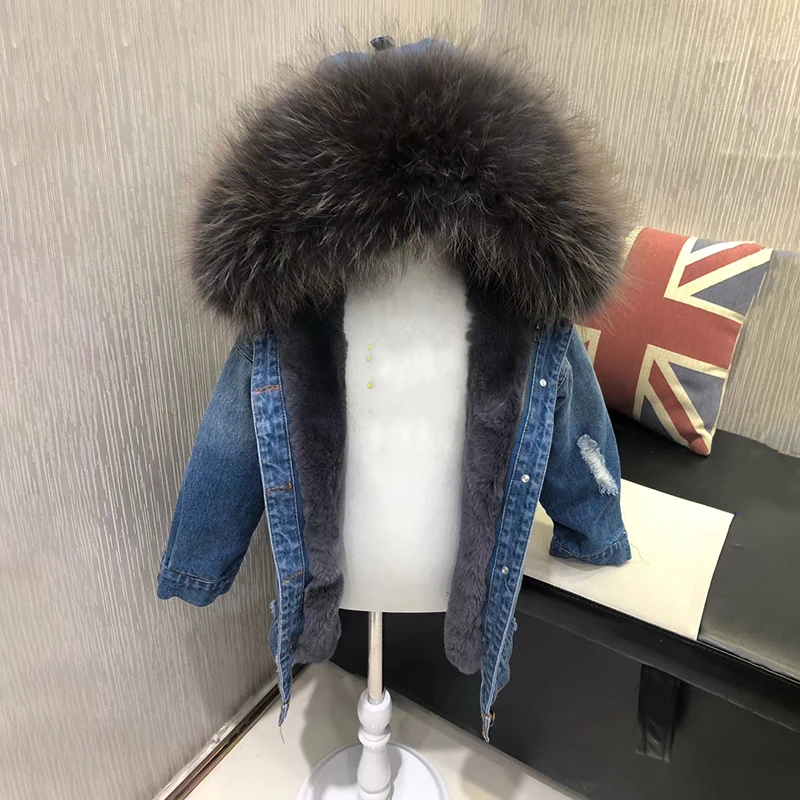 

2018 Winter Girls Natural Fur Coat Boys Denim Jackets For Girls Warm Parkas Children Snowsuit Baby Girls Outerwear Clothes