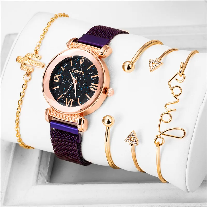 Роскошные женские часы 5 шт. женские магнитные звездное небо часы Женские кварцевые наручные часы женские часы relogio feminino - Цвет: 3-Purple