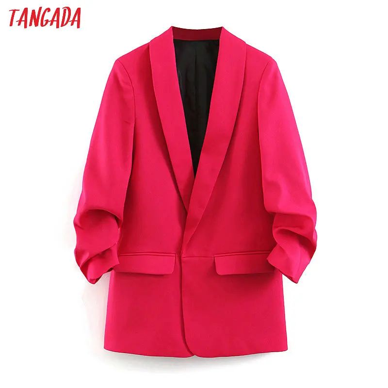 

Tangada women chic solid blazer pockets buttons office lady hotpink blazer long sleeve coat female outerwear jacket tops SL381